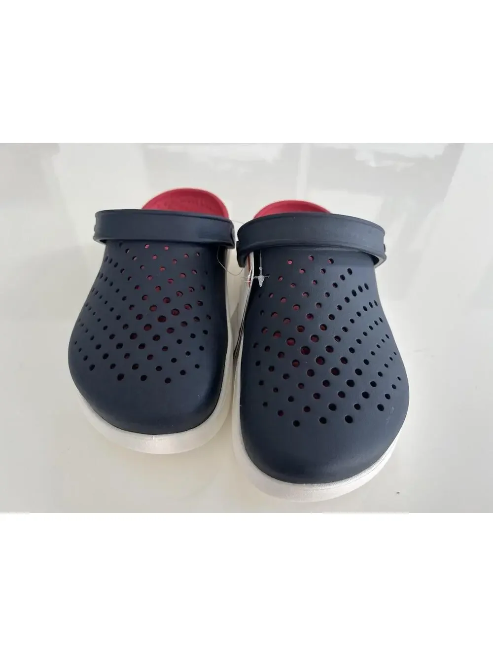 Crocs Inmotion Clogs Men's 10 Woman’s 12 Navy Blue White Red